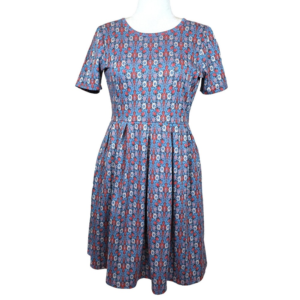 LuLaRoe AMELIA Dress Aqua Blue Red Black Floral Pockets Textured Knit XL